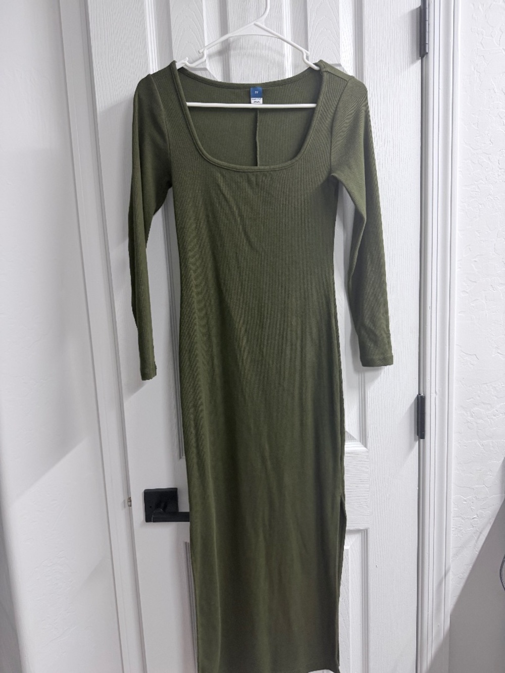 Old Navy Ribbed Midi Dress Womens XS Olive Green Scoop Neck Side Slit Boho